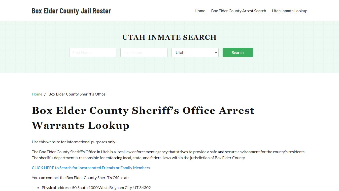 Box Elder County Sheriff Office, UT, Arrest Warrants Search